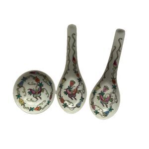 Pair Vintage Chinese Jingdezhen  Soup Spoons+Small Bowl Butterfly Floral Design.